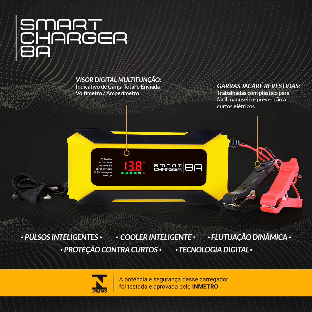 CARREGADOR DE BATERIA AUTOMOTIVO SMART CHARGER 8AH BIVOLT 12V 120W
